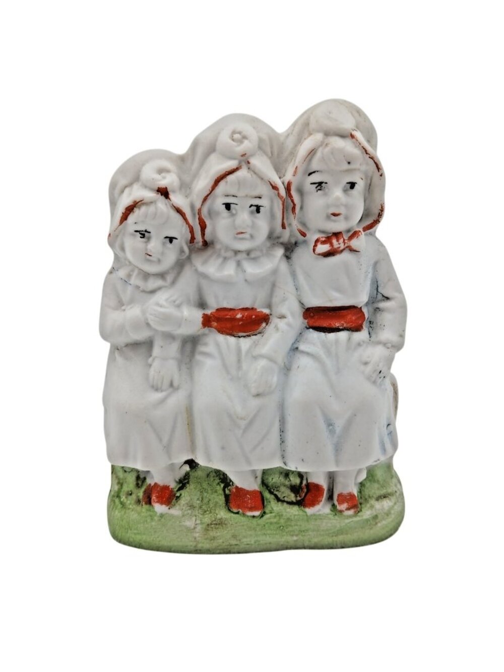 Antique German Bisque Porcelain Three Girls Figurine Seated 4”